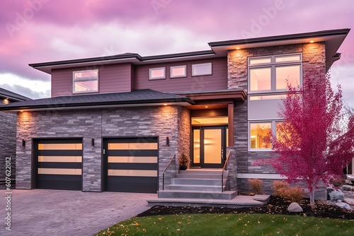 Contemporary Design with Natural Stone Facade & Single Car Garage: Charming Brand New House in Pink Siding, generative AI