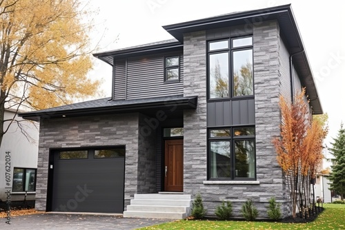 Contemporary Charm: Brand New Home with Dark Gray Siding, Natural Stone Facade, and Single Car Garage, generative AI © Michael
