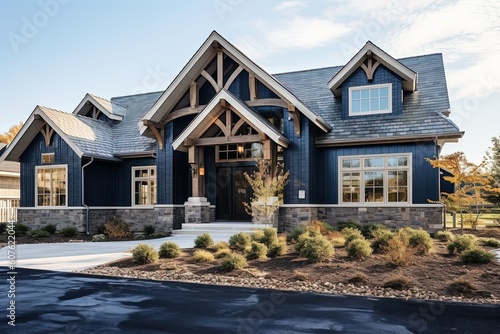 Cutting-Edge Aesthetic and Three-Car Garage Perfectly Complement this Classic New Build Property with Dark Blue Siding and Natural Stone Accents, generative AI
