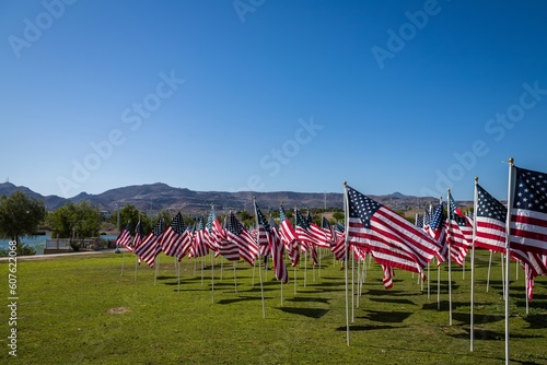 Hundreds of flags fly over a park field in Henderson, Nevada for Memorial Day
