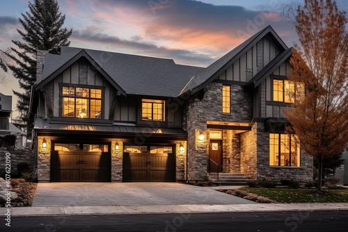 Cutting-Edge Aesthetic Meets Modern Luxury in a Classic New Build Property with 3-Car Garage, Light Gray Siding, and Natural Stone Accents, generative AI