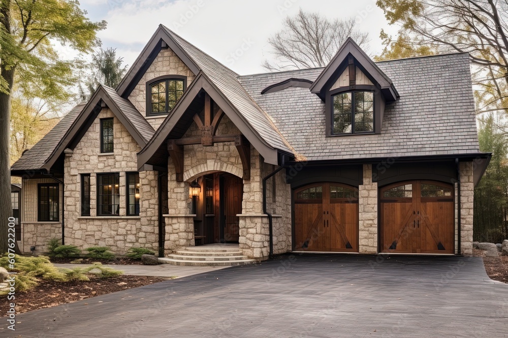Cutting-Edge Aesthetic Meets Classic New Build: Three-Car Garage, Beige Siding, and Natural Stone Accents, generative AI Cutting-Edge Aesthetic Meets Classic New Build: Three-Car Garage, Beige Siding, and Natural Stone Accents, generative AI