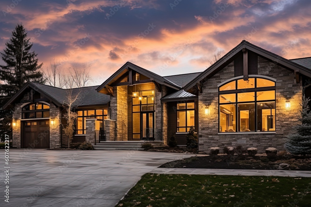 Cutting-Edge Aesthetic Meets Classic New Build Property: Natural Stone Accents and Three-Car Garage in Brown Siding Home, generative AI Cutting-Edge Aesthetic Meets Classic New Build Property: Natural Stone Accents and Three-Car Garage in Brown Siding Home, generative AI