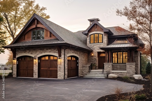 Cutting-Edge Aesthetic Classic New Build Property with Three-Car Garage and Natural Stone Accents and Burgundy Siding, generative AI