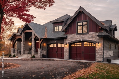 Cutting-Edge Aesthetic Meets Classic Elegance in Stunning New Build Property with Spacious Three-Car Garage and Beautiful Natural Stone Accents, generative AI