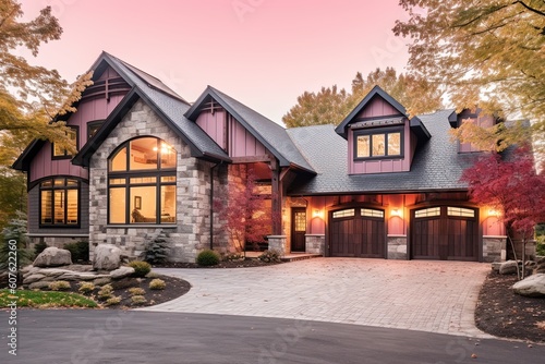 Cutting-Edge Aesthetic Meets Classic New Build: Three-Car Garage, Pink Siding and Natural Stone Accents, generative AI