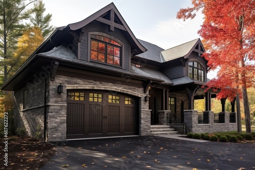 Cutting-Edge Aesthetic Meets Classic Design in a Dark Gray Siding New Build Home with Natural Stone Accents and Spacious Three-Car Garage, generative AI