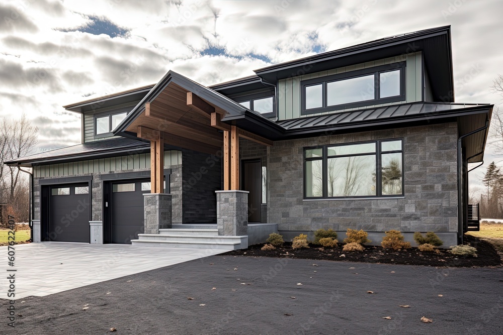 Innovative Aesthetic Meets Nature-Inspired Design: Contemporary New Construction House with Double Garage and Dark Green Siding and Natural Stone Porch, generative AI