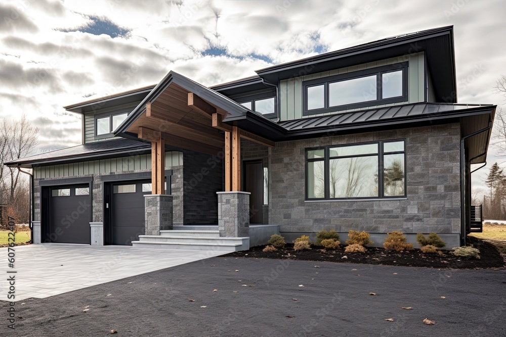 Fototapeta premium Innovative Aesthetic Meets Nature-Inspired Design: Contemporary New Construction House with Double Garage and Dark Green Siding and Natural Stone Porch, generative AI