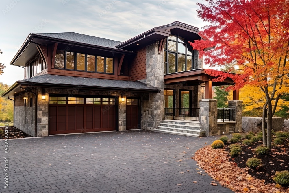 Innovative Aesthetic and Natural Design: Double Garage, Burgundy Siding, and Stone Porch of a Contemporary New Construction House, generative AI