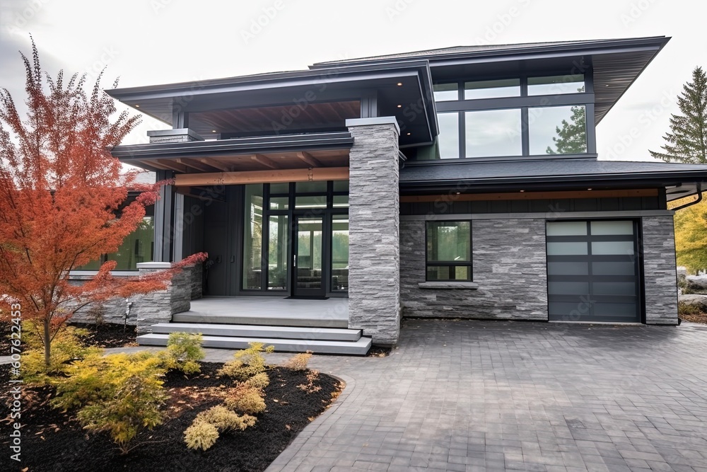 Modern New Build with Unique Aesthetic: Double Garage, Gray Siding, and Natural Stone Porch, generative AI