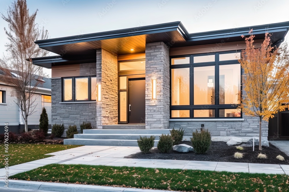 Innovative Aesthetic in a Contemporary New Construction House with Double Garage, Gray Siding, and Natural Stone Porch, generative AI