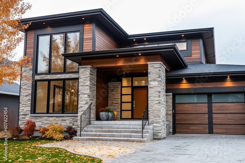 Double Garage, Natural Stone Porch, Innovative Aesthetic: Exploring a Unique Contemporary New Construction House with Brown Siding, generative AI