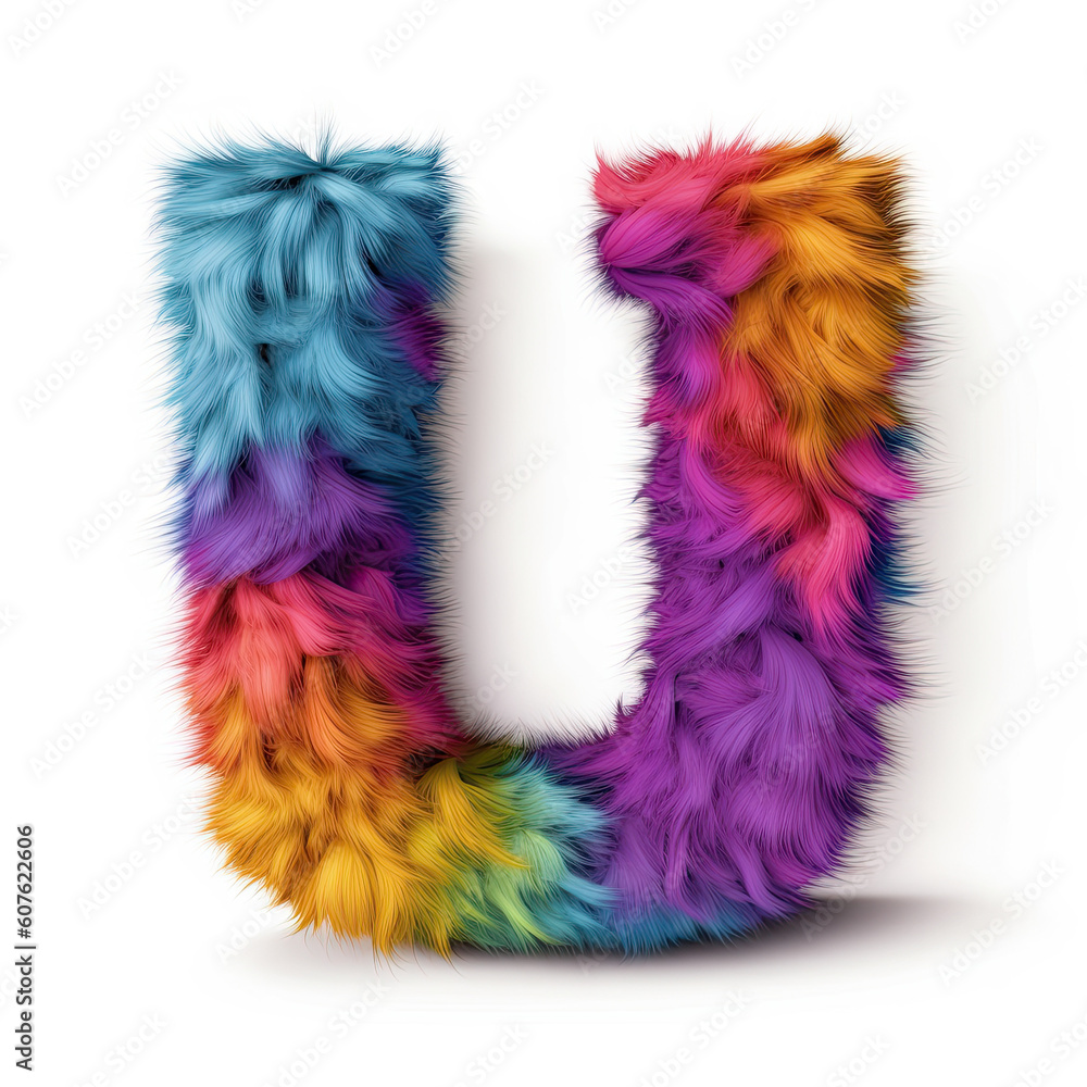 Furry letter in rainbow pride colors made of fur and feathers. Capital U Furry letter in rainbow pride colors made of fur and feathers. Capital U