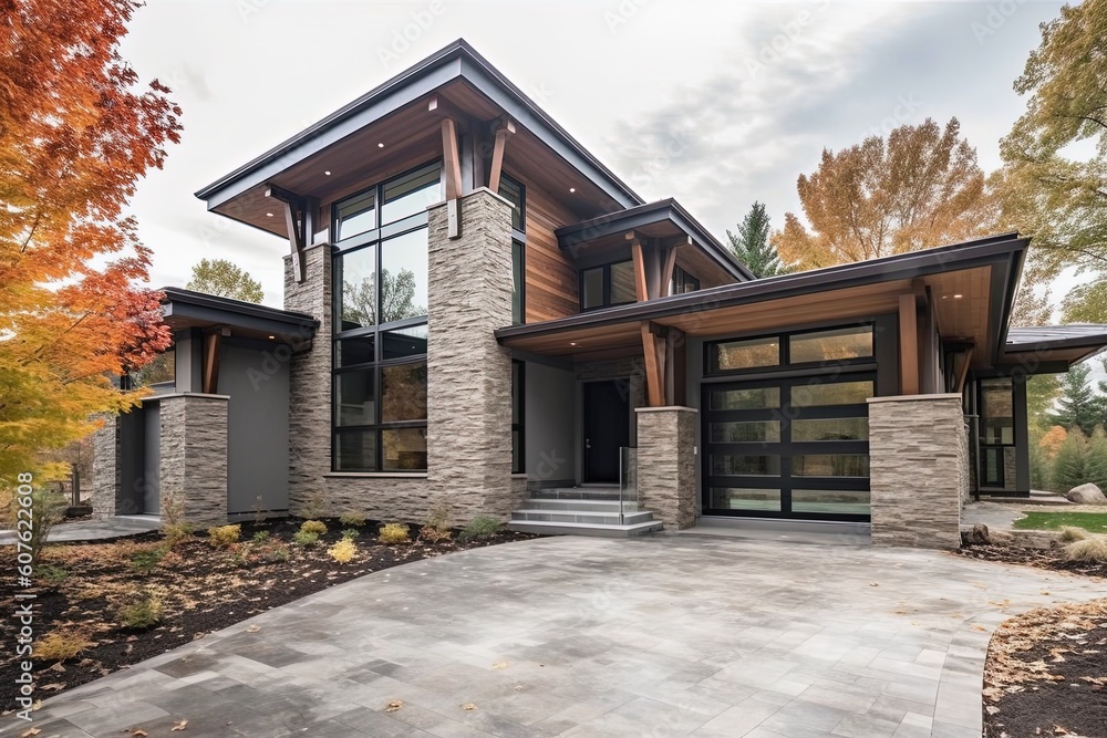 Contemporary Architecture and Natural Stone Features Define Elegant New Property with Three-Car Garage and Coral Siding, generative AI