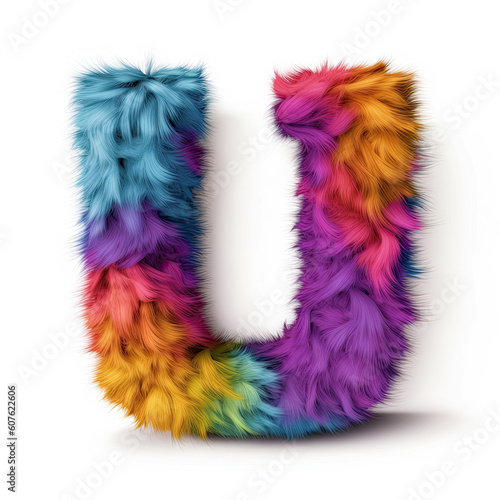 Furry letter in rainbow pride colors made of fur and feathers. Capital U