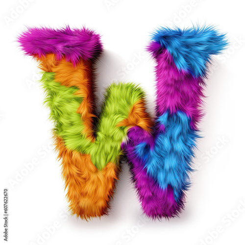 Furry letter in rainbow pride colors made of fur and feathers. Capital W