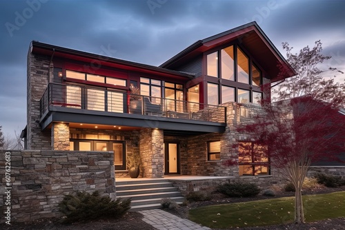 Innovative Aesthetic Meets Natural Stone Porch: Contemporary New Construction House with Double Garage and Burgundy Siding, generative AI