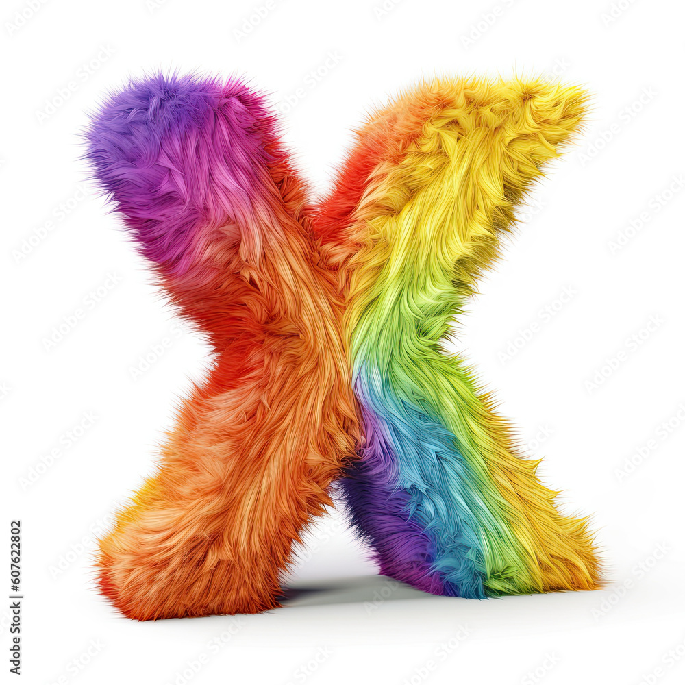 Furry letter in rainbow pride colors made of fur and feathers. Capital X Furry letter in rainbow pride colors made of fur and feathers. Capital X