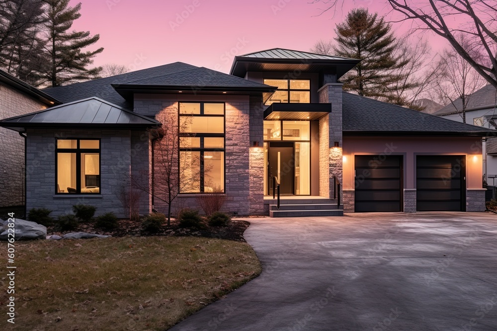 Contemporary Architecture Meets Elegant Charm in a Brand New Property with Three-Car Garage and Natural Stone Features accented by Pink Siding, generative AI