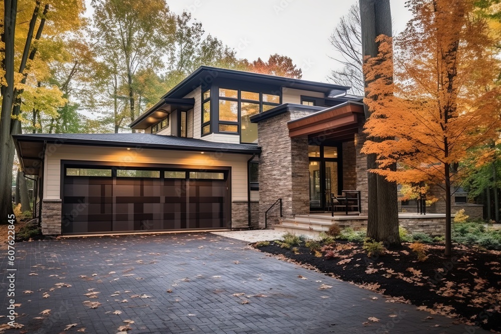Contemporary Architecture and Natural Stone Features Highlight Elegant Brand New Property with Three-Car Garage and Burgundy Siding, generative AI