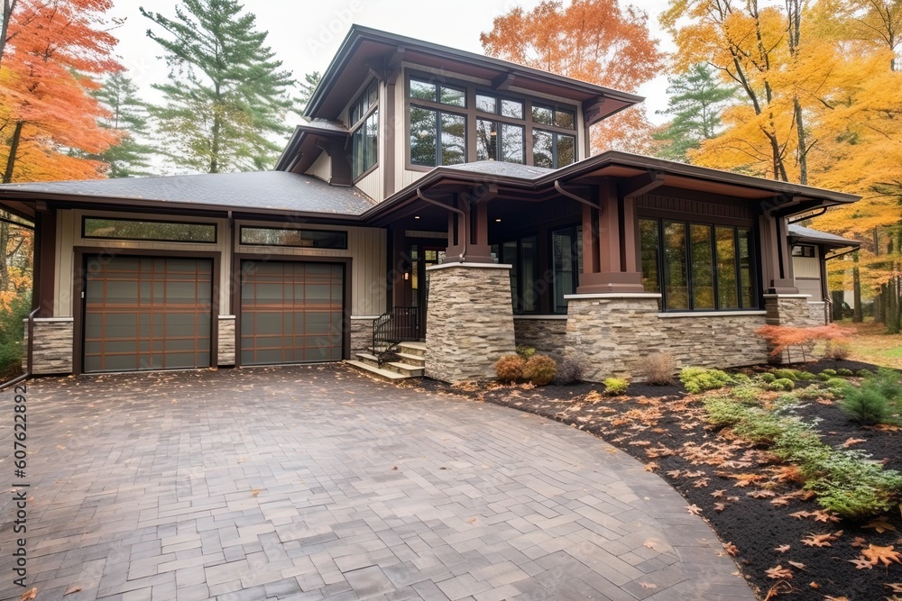 Contemporary Luxury: Brand New Property with Three-Car Garage, Gray Siding, and Elegant Natural Stone Features, generative AI