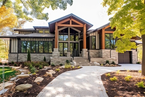 Contemporary architecture and stunning natural stone features in a brand new property with a three-car garage and green siding  generative AI
