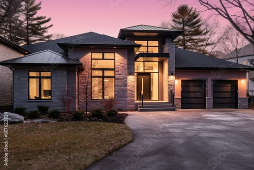 Contemporary Architecture Meets Elegant Charm in a Brand New Property with Three-Car Garage and Natural Stone Features accented by Pink Siding, generative AI