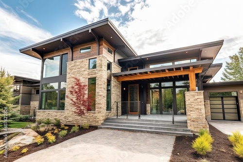 Contemporary Architecture Meets Natural Stone and Coral Elegance: A Brand New Property with Three-Car Garage, generative AI
