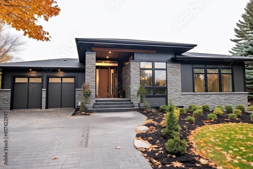 Contemporary Architecture Meets Nature in this Elegant Brand New Property with a Three-Car Garage and Dark Gray Siding, generative AI