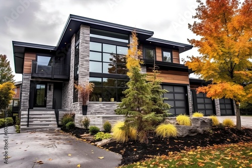 Wallpaper Mural Contemporary Architecture Meets Elegant Design: A Brand New Property with Natural Stone Features and Three-Car Garage in Dark Gray Siding, generative AI Torontodigital.ca
