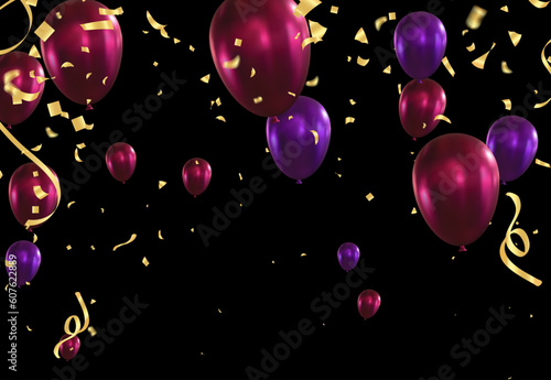 Purple balloons and confetti on black background. Vector illustration.