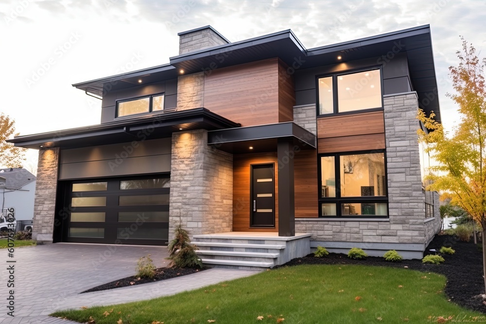 Avant-garde Design and Natural Stone Embellishments for this Stunning New Double Garage Residence with Brown Siding, generative AI Avant-garde Design and Natural Stone Embellishments for this Stunning New Double Garage Residence with Brown Siding, generative AI