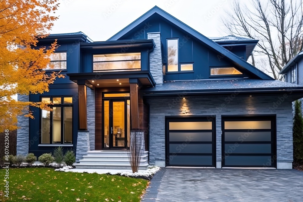 Fototapeta premium Avant-Garde Design with Navy Blue Siding and Double Garage in a Fresh, Natural Stone Embellished Construction Residence, generative AI