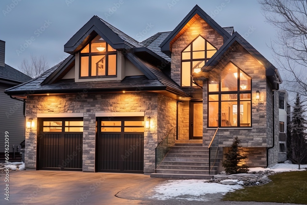 Avant-Garde Design Highlights Gorgeous Fresh Construction Residence with Natural Stone Accents and Double Garage, generative AI Avant-Garde Design Highlights Gorgeous Fresh Construction Residence with Natural Stone Accents and Double Garage, generative AI