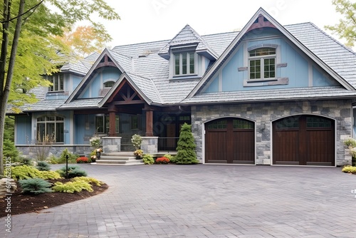 Avant-Garde Design: Stunning New Construction Residence with Double Garage, Natural Stone Embellishments and Light Blue Siding, generative AI