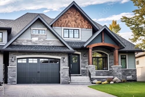 Avant-Garde Design: Stunning New Build with Double Garage, Natural Stone Embellishments and Light Blue Siding, generative AI