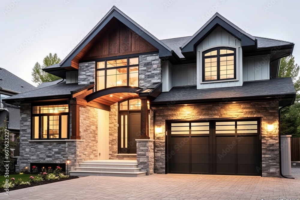 Avant-Garde Design Home with Double Garage and Natural Stone Embellishments: A Fresh Construction in Beautiful Light Green Siding, generative AI Avant-Garde Design Home with Double Garage and Natural Stone Embellishments: A Fresh Construction in Beautiful Light Green Siding, generative AI