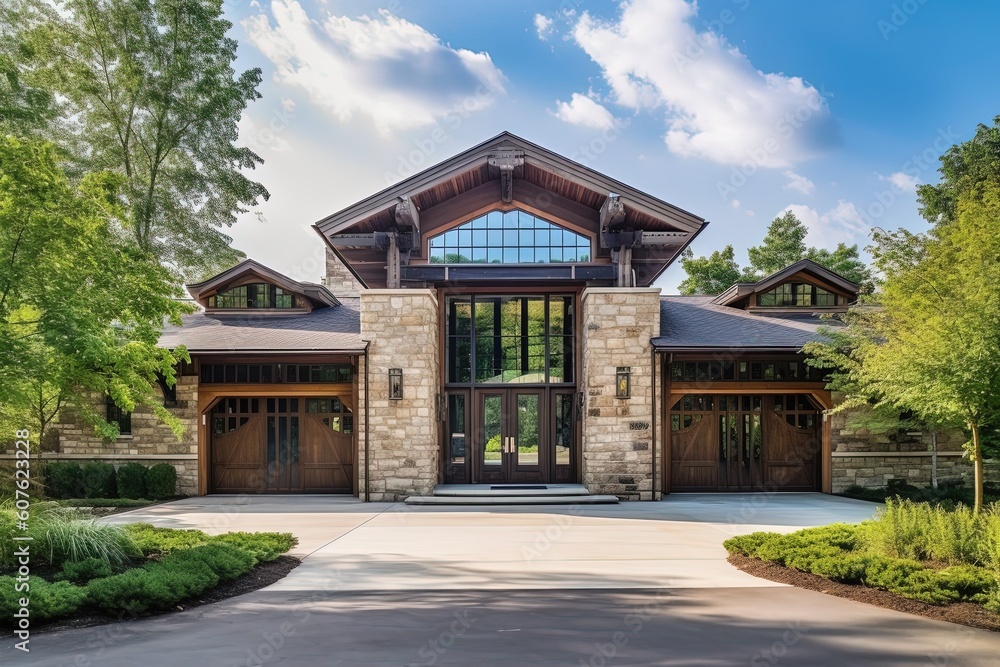 Avant-Garde Layout with Luxe Green Siding and Natural Stone Pillars on Newest Property with 3-Car Garage, generative AI Avant-Garde Layout with Luxe Green Siding and Natural Stone Pillars on Newest Property with 3-Car Garage, generative AI