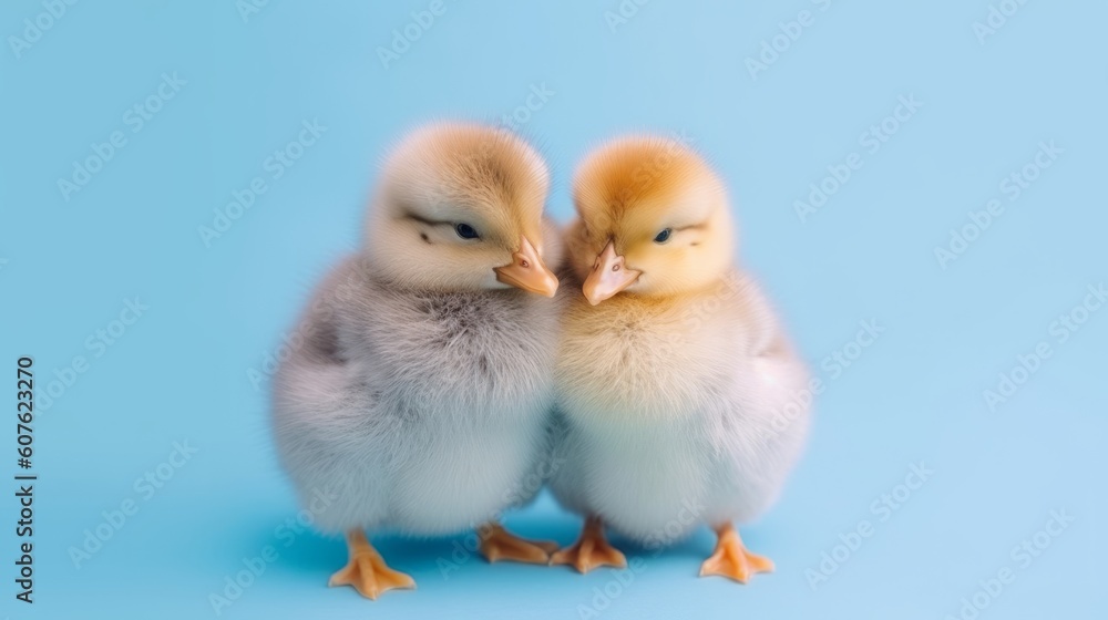 A cute, little two ducklings hug each other, a symbol of love. Pastel, creative, animal concept. Generative ai
