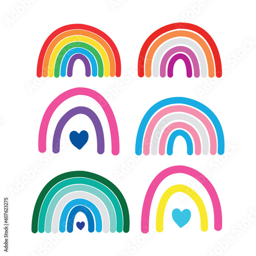 Vector set of flat hand drawn lgbtq flag rainbows isolated on white background