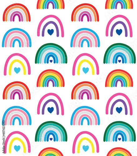 Vector seamless pattern of flat hand drawn lgbtq flag rainbows isolated on white background