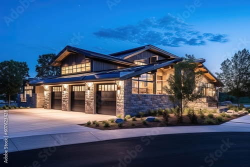 Avant-Garde Layout Meets Luxe Living: A Stunning Three-Car Garage and Navy Blue Siding Complement Natural Stone Pillars, generative AI © Michael