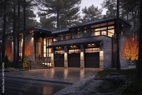 Avant-Garde Luxe Property with Dark Green Siding and Natural Stone Pillars Boasts Three-Car Garage, generative AI