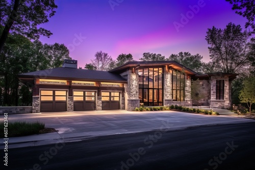 Avant-garde Layout with Luxe Amenities: Three-car Garage, Purple Siding, and Natural Stone Pillars, generative AI © Michael