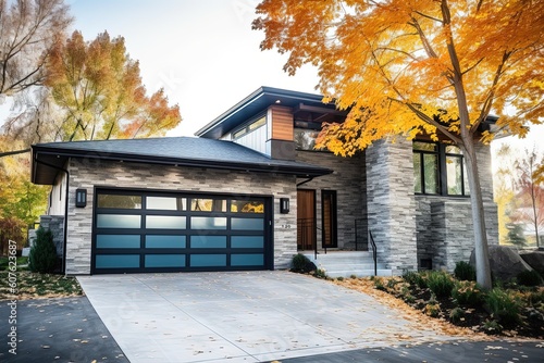 Contemporary Two-Car Garage Dwelling with Natural Stone Details and Light Blue Siding, generative AI
