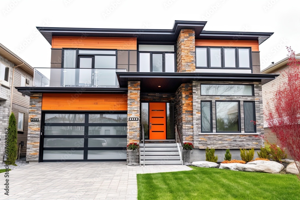 Contemporary Architecture: A Stunning New Home with Two-Car Garage and Vibrant Orange Siding Accented with Natural Stone Details, generative AI