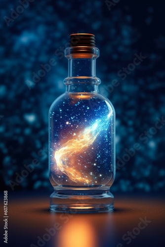Magic in a Glass Bottle. Simulated Starry Sky. Unveiling the Unreal Universe, Galaxy of Stars, Glimpse of Milky Way, Astronomy Magic, Cosmic Fantasy in Space, Science. Generative AI