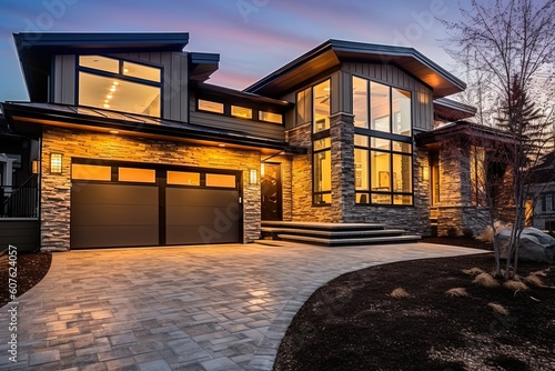 Cutting-Edge Aesthetic: A Tour of a Newly Built Modern Home with Natural Stone Details, Light Green Siding, and Two-Car Garage, generative AI © Michael