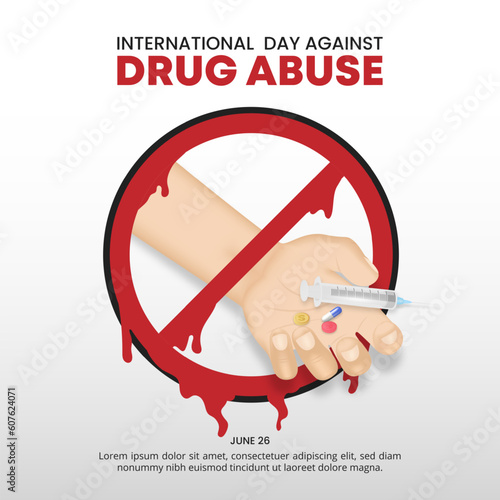 Square international day against drug abuse background with a hand of overdose person in blood no symbol